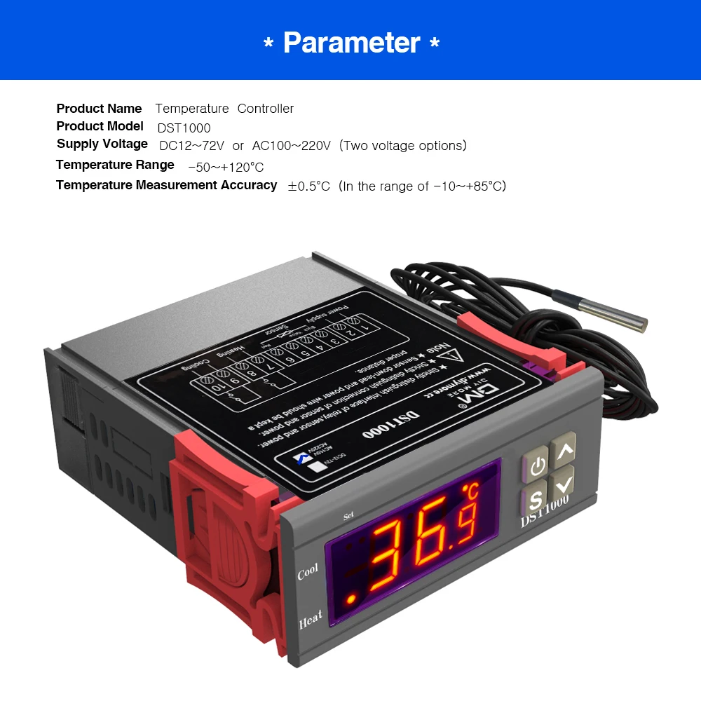 AC 100-220V DST1000 Thermostat Temperature Controller & DS18B20 Sensor Probe 