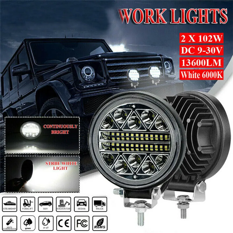 2Pcs 102W Led Car Work Light Round Spotlight Headlight For Truck Offroad Fog Lamp Night Driving Lights SUV ATV Headlamp | Автомобили и