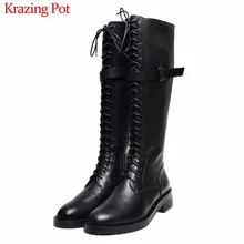 Krazing Pot/Новые Красивые рыцарские сапоги из коровьей кожи теплые женские сапоги до бедра на среднем каблуке, с круглым носком, на шнуровке, на молнии, с пряжкой, L19
