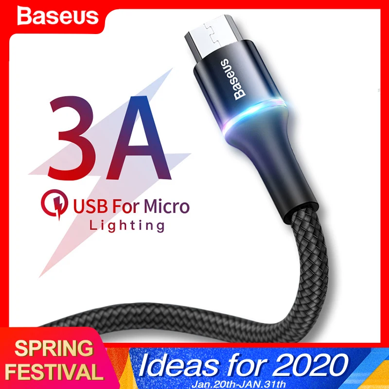 Baseus 3A Micro USB Cable LED Fast Charging Microusb Cable For Xiaomi Redmi 4 Note 5 Pro Samsung Android Mobile Phone Cables 2M