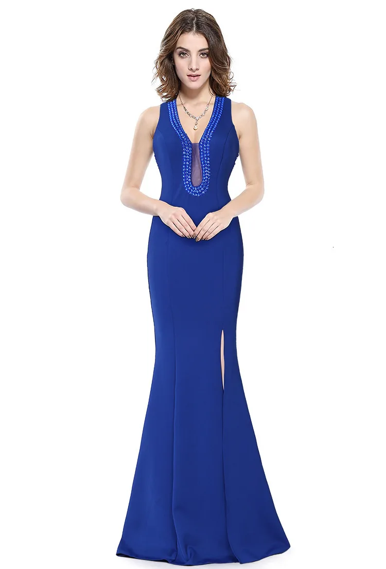 Черное сексуальное китайское вечернее платье-Русалка с высоким разрезом, длинное женское китайское платье Ципао с v-образным вырезом и бусинами, с открытой спиной, трапециевидные вечерние платья Ципао - Цвет: sapphire blue