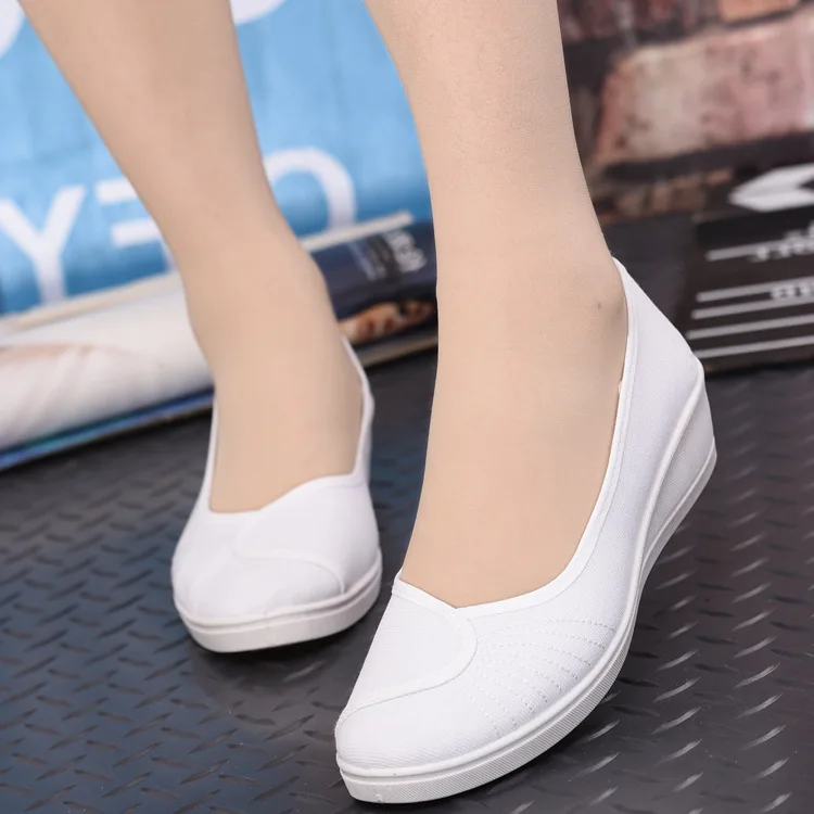 

White Nurse Shoes Women's Slanted Heel Thick Bottomed Work Shoes Rubber Sole Beauty Salon Canvas Shoes