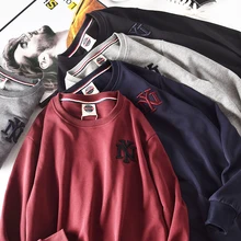 

American Retro Terry Embroidery Hoodies Men's Pure Cotton Washed Old Round Neck Pullover Knitted Long-sleeved Casual Sportwear