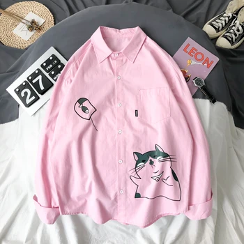 

Harajuku Shirt Men Women Solid Cartoon Cat Print Long Sleeve Cute Pink Shirts Fashion Loose Turn-down Men's Cotton Shirt