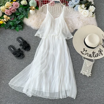 

STARK 2020 Dew shoulder chiffon dress ruffled white backless elegant seaside holiday beach dress super long skirt
