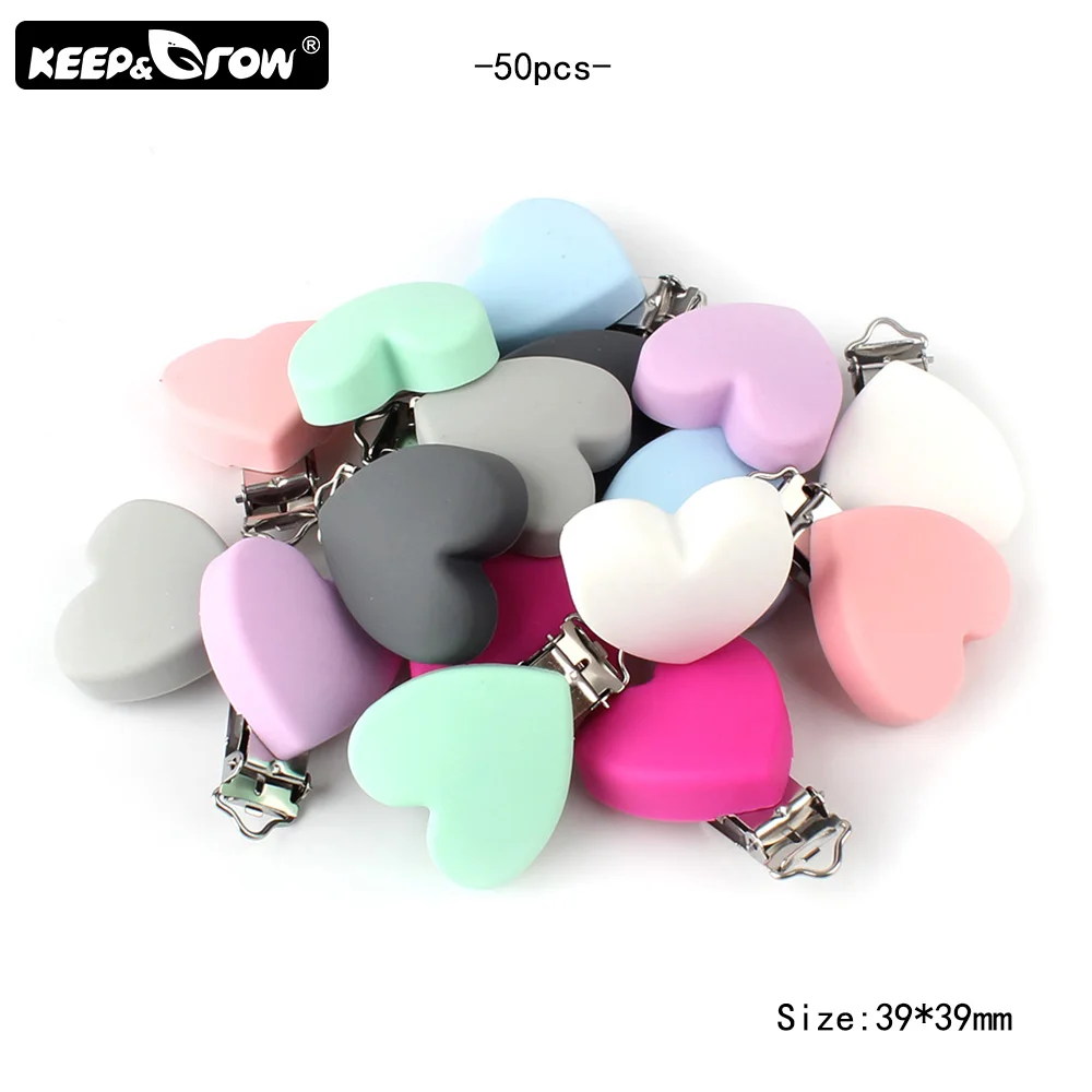

Keep&Grow 50Pcs Baby Teether Heart Shape Silicone Pacifier Clips BPA Free For DIY Pacifier Chain Nipple Holders Toy Accessories