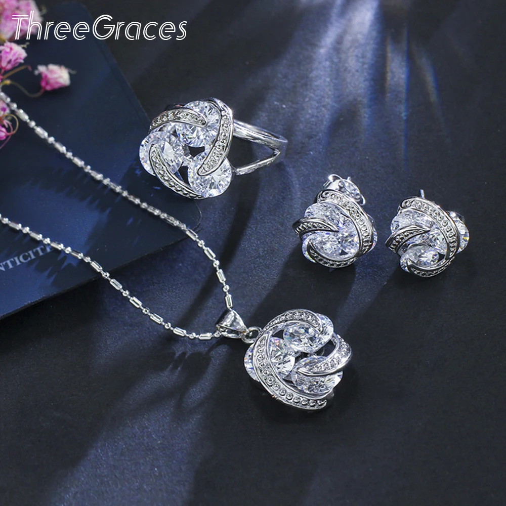 Jewelry-Sets Necklace Knot Earrings Threegraces 925-Silver Cubic-Zirconia And Women Party