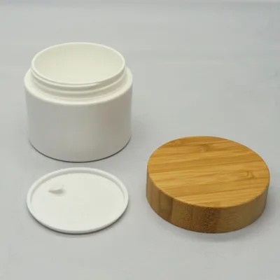 Yannee Plastic Cosmetic Containers with Bamboo Wooden Lids,White Empty  Cosmetic Jar Body Lotion Refillable Candy Frost,250ML