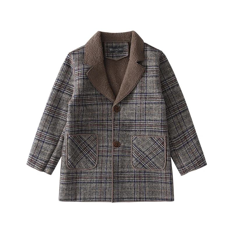 Boys Woolen Coat New Fall Winter Clothes Children Fleece-lined Woolen Jacket Teenager Kids Casual Plaid Velvet Outerwear