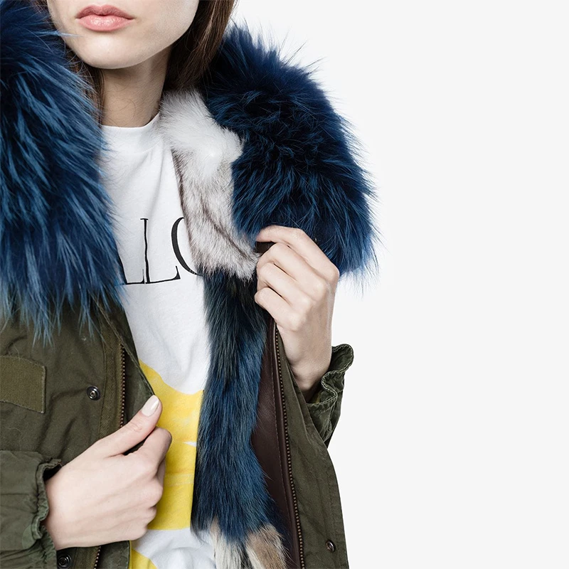 FURSARCAR Fashion 65CM Army Green Jacket Real Fur Parka Women Winter Coat With Raccoon Fur Collar And Cuff Casual Warm Fur Parka