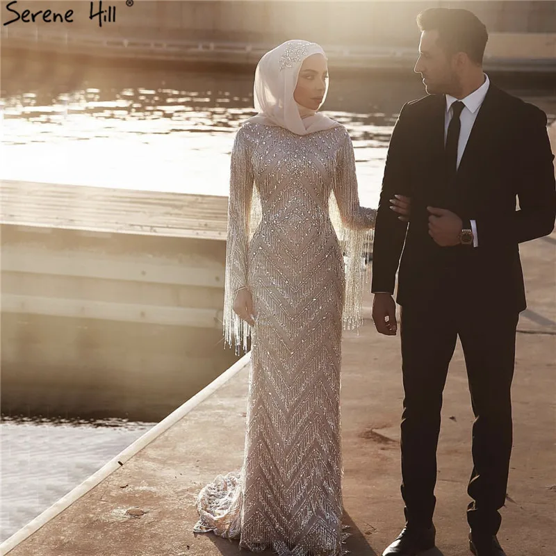 

Muslim Long Sleeve Diamond Luxury Prom Dresses 2019 Silver Tassel Beading Prom Gowns Serene Hill BLA60855