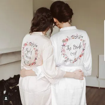 

floral wreath lace bridal party robe customize name satin maid of honor dressing gown birthday valentines gift hen weekend robes