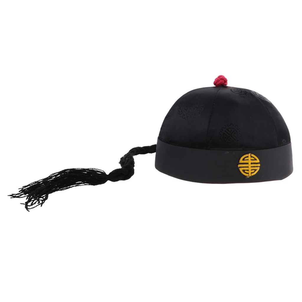 Adult Kids Black Chinese Oriental Cap With Ponytail Party Costume Hat