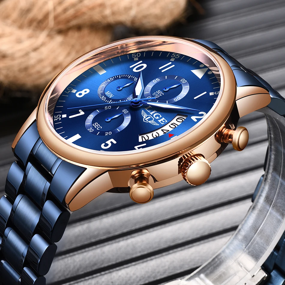 

2020 LIGE New Fashion Mens Watches Top Brand Luxury Blue Stainless Steel Sports Chronograph Quartz Watch Men Relogio Masculino