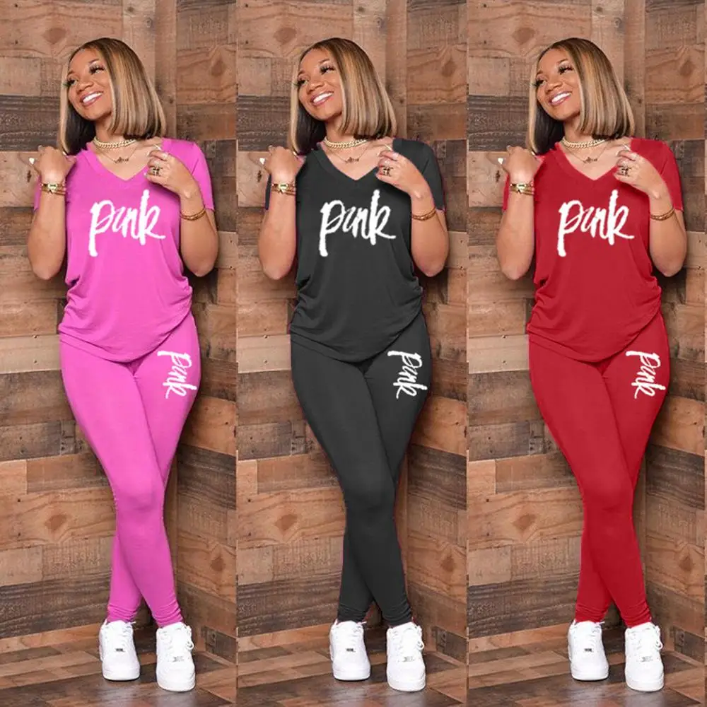 Conjuntos de dos piezas con estampado de letras para mujer, camiseta rosa, pantalones de motorista, chándales deportivos para Fitness, conjunto de 2 piezas 2020