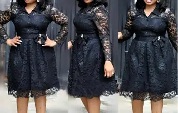 

Explosion models XL women's shirt collar lace cardigan waist A word dress