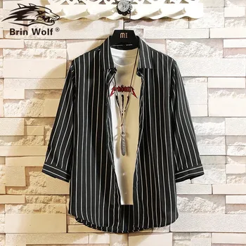 

Brin Wolf Brand Mens Shirts 2020 Three Quarter Sleeve Top Quality 100% Cotton Plus Size 4XL Loose Men Shirt Summer Style
