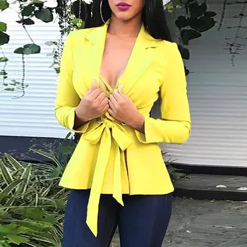 

Women's slim coat Ladies jacket Fashion Women Long Sleeve Sexy V Neck Bandage Elegant Slim Suit Coat Y906