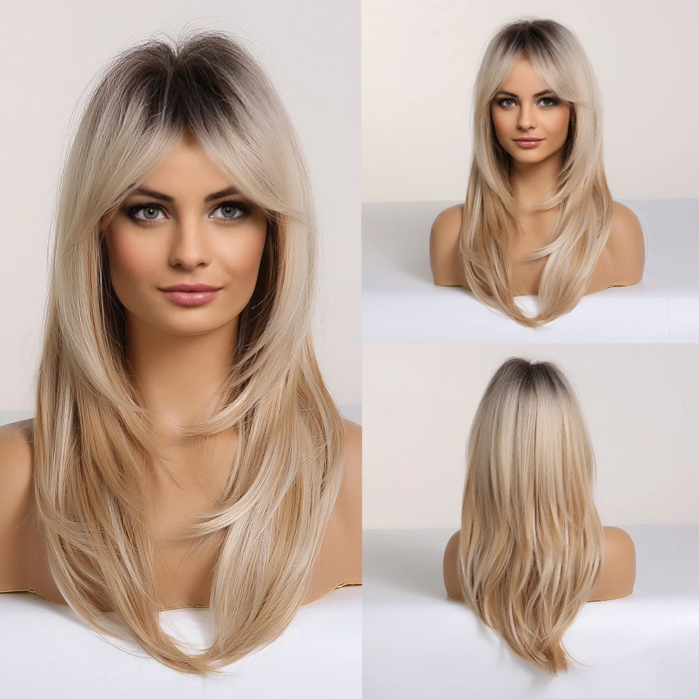 Ombre Dark Brown Blonde Synthetic Wigs with Side Bangs Long Wavy Wig for Women Cosplay Daily Party Hair Heat Resistant Fiber