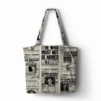 

Harry's newspaper Print Linen polyester women Handbag shopping Tote Home Storage Casual Traveling Bag Folding Reusable Pouch