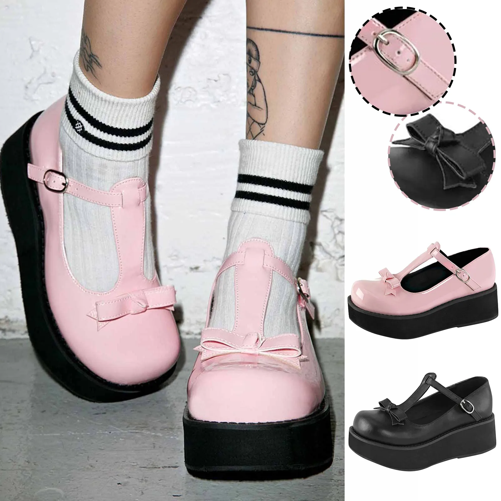 Lolita-zapatos de zapatos Mary Jane de cuero sintético para mujer, cuñas de plataforma con lazo Vintage, zapatos de suela gruesa con hebilla, 2021