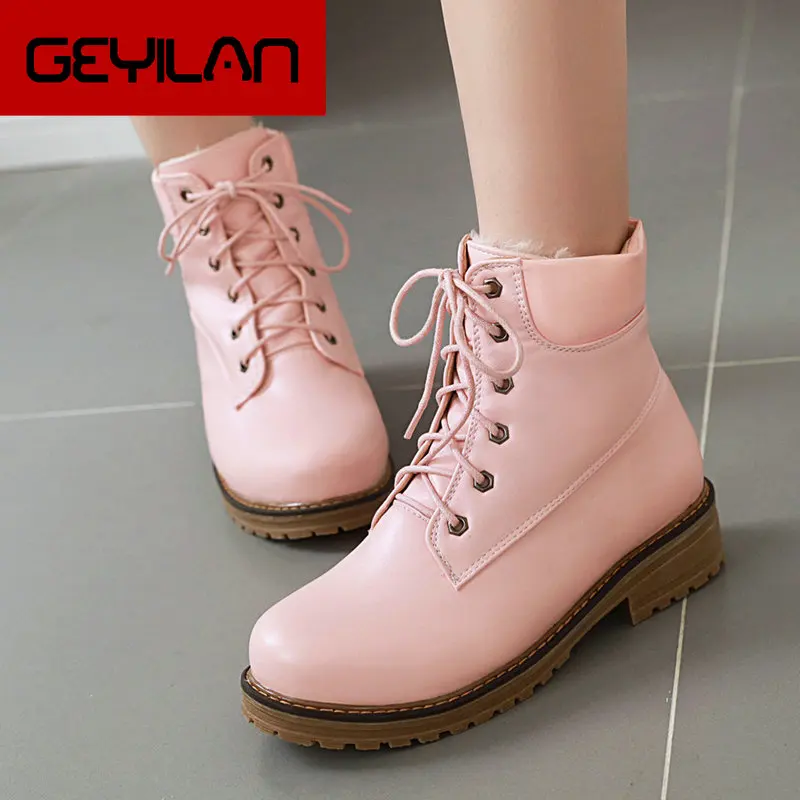 

2019 Winter Plush Ankle Boots Women Boots Comfy Flat Heel Snow Boots Round Toe Lace Up Martin Boots Woman Shoes Black Beige Pink