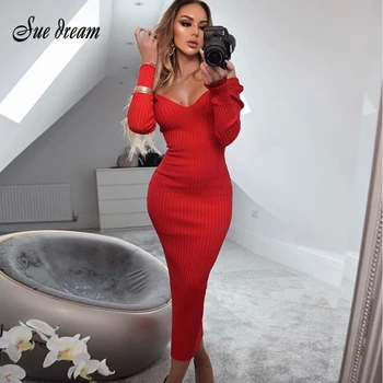 

2020 Autumn New Women'S Red And Yellow Knit Tight Dress Fashion Sexy Long Section Bodyconv Collar Long Sleeve Club Party Dress