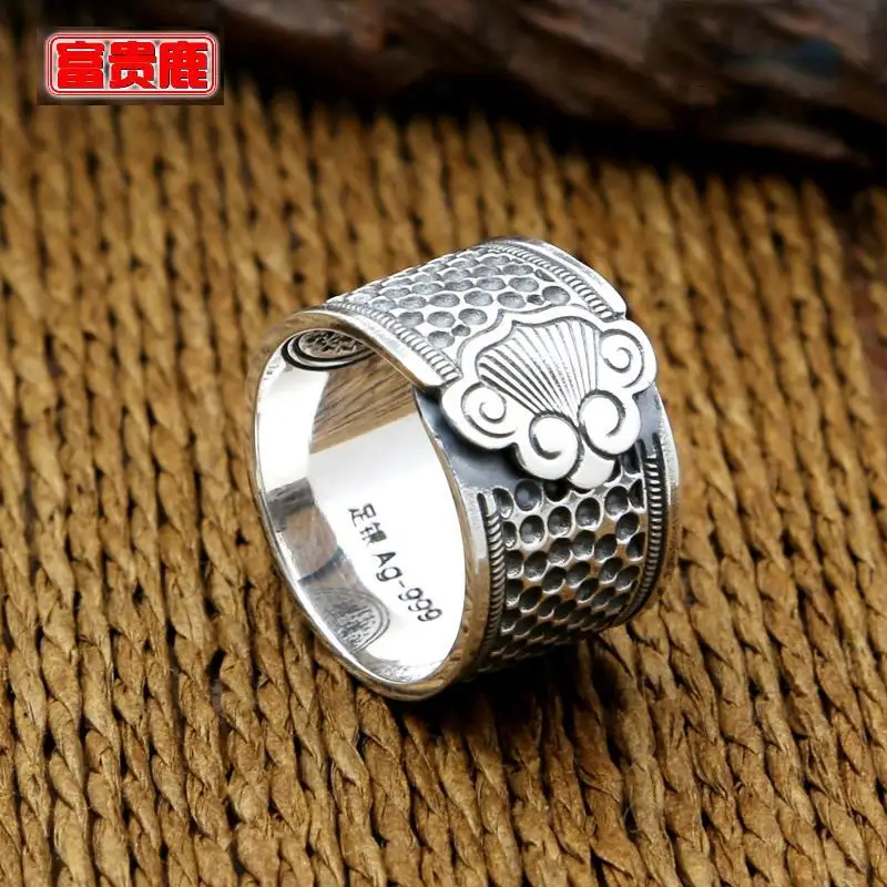 

Charming 999 pure silver wide Ruyi men's ring folk style Thai silver Chaoren silver jewelry ring