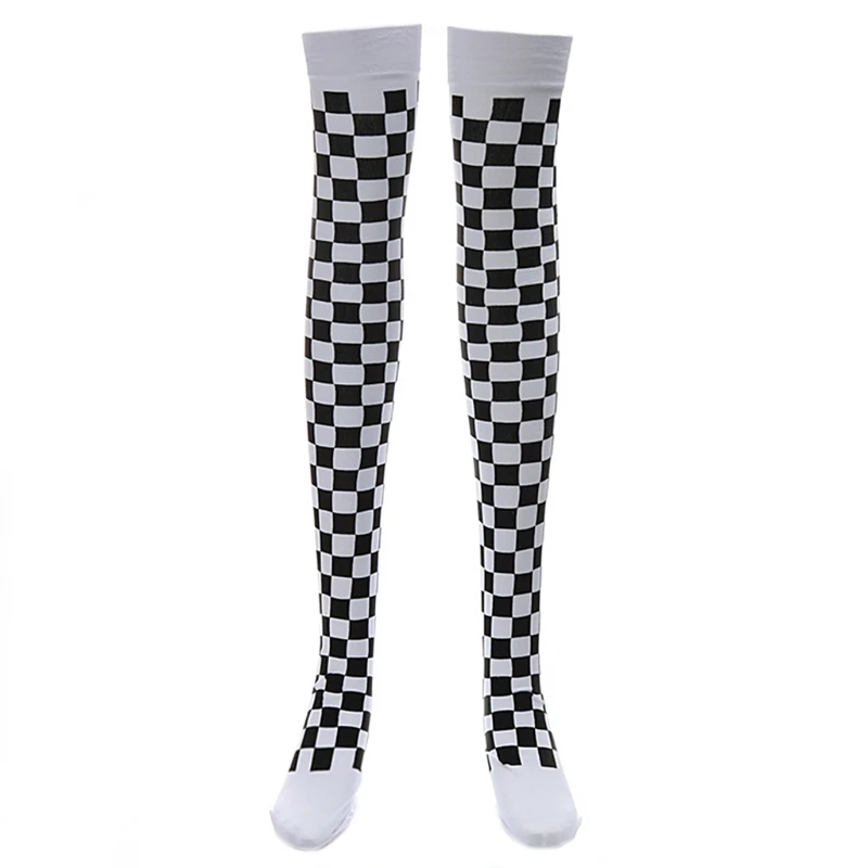 Clown Costume Black White Plaid Knee-High Long Socks Halloween Carnival Party