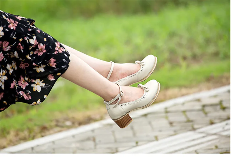 Japanese Buckle Strap Bow Women Oxford High Thick Heels Lolita Shoes British Genuine Leather Single Brogues Shoes Woman Size 43 (17)