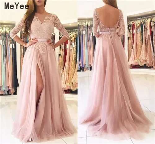 Long Side Split Bridesmaid Dresses 2020 Top Lace Scoop Backless Appliques Tulle Maid of Honor Wedding Party Guest Gowns