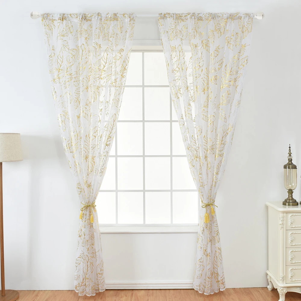 100x200cm Elegant Feather Gold Stamping Tulle Curtain Modern Living Room Drap Sheer Yarn Window Curtains Transparent D30 | Дом и сад