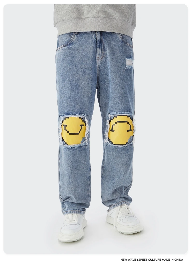 Inflation Men Baggy Jeans With Smiley Face Mens Streetwear Wide Leg Jeans  Light Blue Wash Streetwear Denim Jeans 13044w - Jeans - AliExpress
