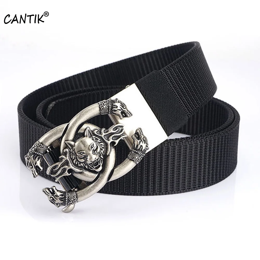 CANTIK Quality Nylon & Canvas Belts for Men Clothing Accessories Unique Design Wolf Head Pattern Automatic Buckle Metal CBCA267