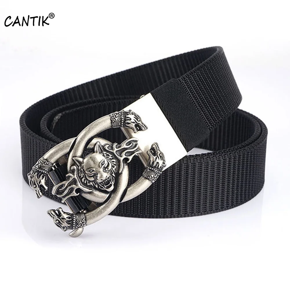 CANTIK Quality Nylon & Canvas Belts for Men Clothing Accessories Unique Design Wolf Head Pattern Automatic Buckle Metal CBCA267 cantik unique design fashion swan pattern hollow automatic buckle quality ladies nylon