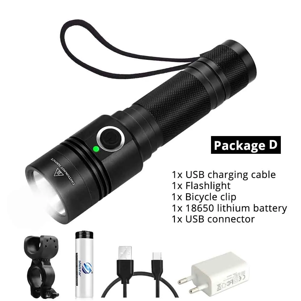 USB rechargeable LED Bicycle light 4 lighting mode super bright flashlight use 18650 battery for night riding, camping, etc - Цвет: Package D