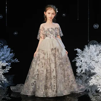 

3~15T Model Shows Catwalk luxury Exquisite Design Sequined Catwalk Evening Party Princess Long Tail Dress Children Holiday Dress