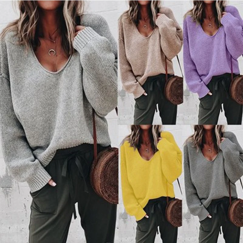

Women Fashion Solid Color V-Neck Sweater Autumn Casual Loose Sweater Long Sleeve Pullover