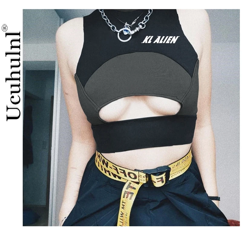 Женский укороченный топ для фитнеса без рукавов с высоким воротом и вырезами