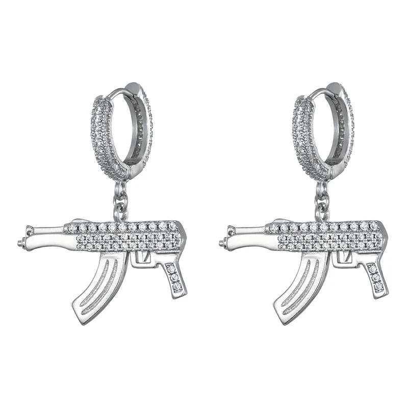 Hip Hop 1Pair Iced Zircon AK47 Gun Earring Gold Plated Micro