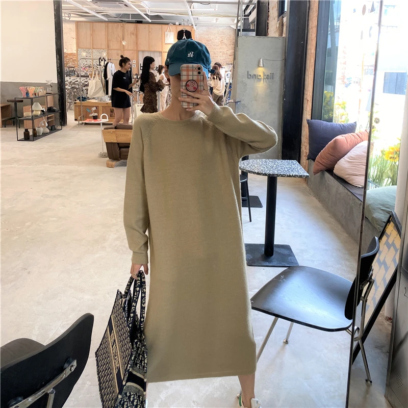 

Autumn Winter Women Loose Knitted Sweater Dress O Neck Solid Long Sleeve Soft Dresses Casual Dresses Vestidos Ka1231