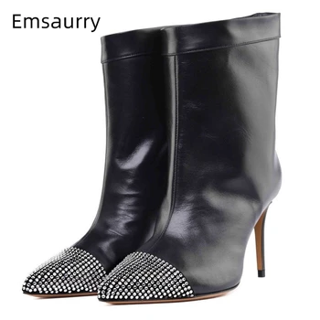 

Jeweled Crystal Pointed Toe Ankle Boots Women Stiletto Heel Black Slim Short Booties Autumn Winter Rhinestone Botas Mujer