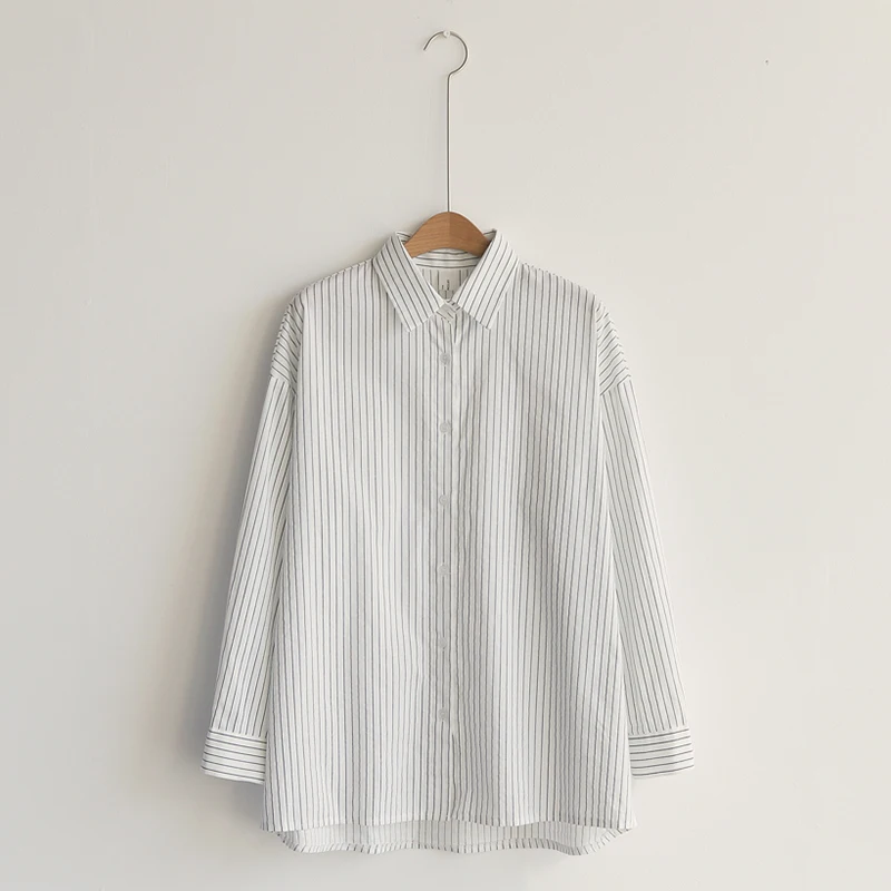 White Blouse Новое поступление, Женская белая рубашка в полоску с отложным воротником, рукав летучая мышь, на пуговицах, Длинная блузка, корейский стиль, женская блуза T9O903F - Цвет: White Blouse