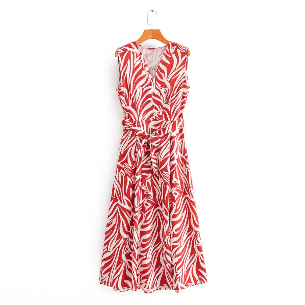 New 2020 women elegant v neck red zebra striped print bow tie sashes midi dress lady chic sleeveless casual slim vestidos DS3591 New 2020 women elegant v neck red zebra striped print bow tie sashes midi dress lady chic sleeveless casual slim vestidos DS3591