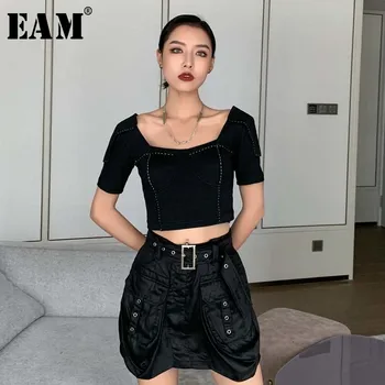 

[EAM] Women Black Buckle Big Pocket Wide Leg Shorts New High Waist Loose Fit Trousers Fashion Tide Spring Summer 2020 1W375