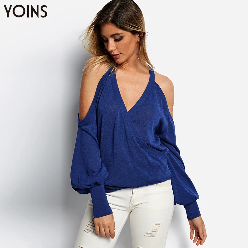 YOINS Women Blouse Tops 2020 Autumn Winter Pullovers Casual Loose Sexy Cold Shoulder Long Sleeve Solid V Neck Plus Size Blusas | Женская