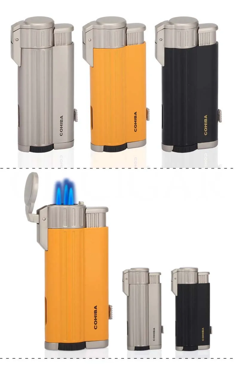 COHIBA карманные зажигалки для сигар 3 струйный фонарь ветрозащитная зажигалка бутан металлическая портативная Зажигалка для прикуривателя многоразовая W/Подарочная коробка