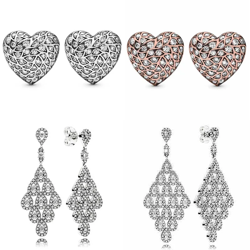 

New 925 Sterling Silver Popular Earring Sparkling Pattern Heart Cascading Glamour Earring With Crystal For Women Jewelry Gift