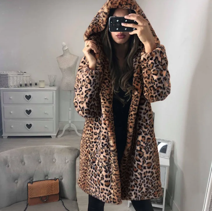 leopardprint Женское длинное пальто с леопардовым принтом, зимние плюшевые теплые куртки с капюшоном из искусственного меха, верхняя одежда, модные женские свободные пальто с капюшоном, пальто - Цвет: leopardprint