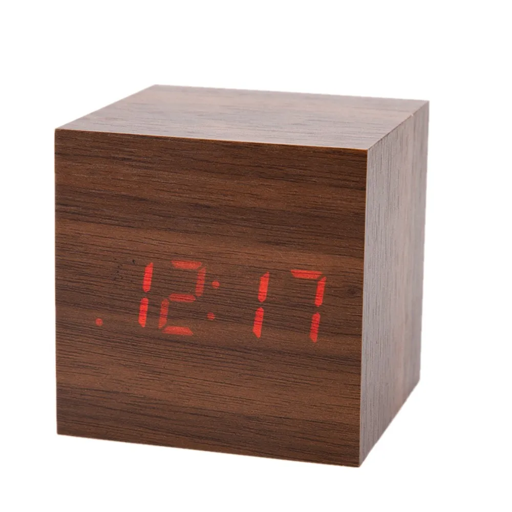  HOT Mini Digital Wooden LED Alarm Clock Wood Retro Glow Clock Desktop Table Decor Voice Control Sno
